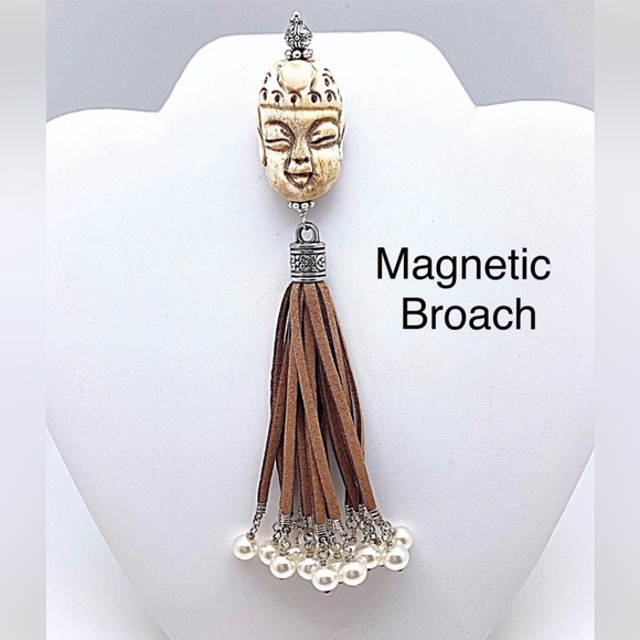 Buddah Head Suede & Pearl Tassel Magnet Broach, For Clothes/ Hat/ Home Decor. - Picture 2 of 7